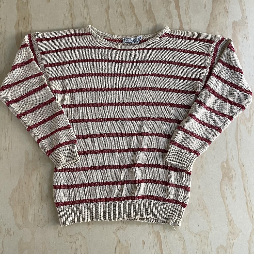 Vintage Genesis Size Large Beige‎ Red Striped Metallic Knit Hong Kong Sweater